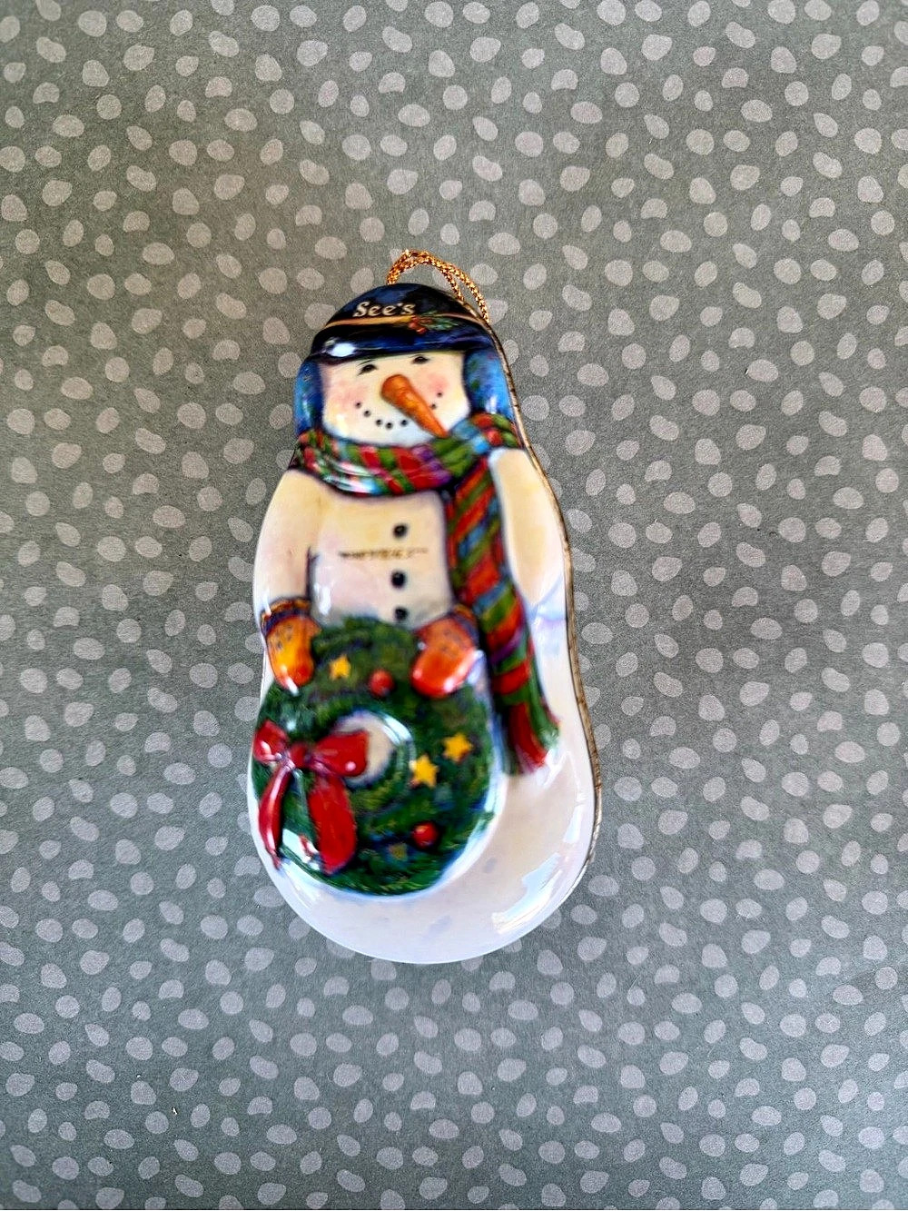 See's Candies Snowman Tin Christmas Ornament Multicolor